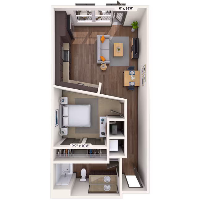 Traditional 1x1 601-637 SF 548 floor plan